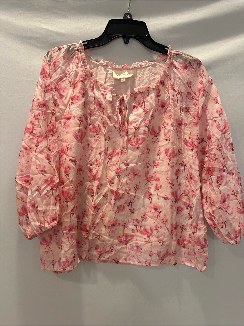 MELLODAY Pink Floral Tie-Neck Peasant Blouse